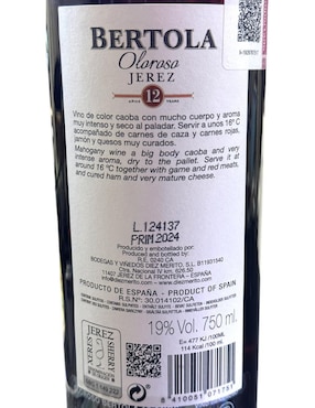 Jerez seco Bertola Sherry 12 años de añejamiento 750 ml