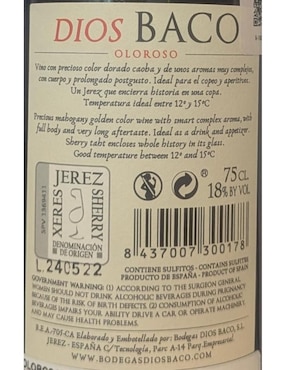 Jerez seco Dios Baco oloroso 18 años de añejamiento 750 ml