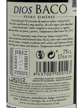 Jerez dulce Dios Baco sherry 10 años de añejamiento 750 ml