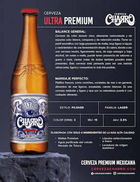 Cerveza clara Charro Ultra Premium Lager 355 ml