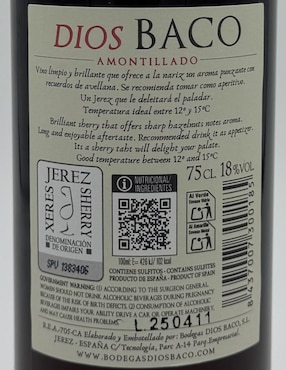 Jerez seco Dios Baco Amontillado 18 años de añejamiento 750 ml