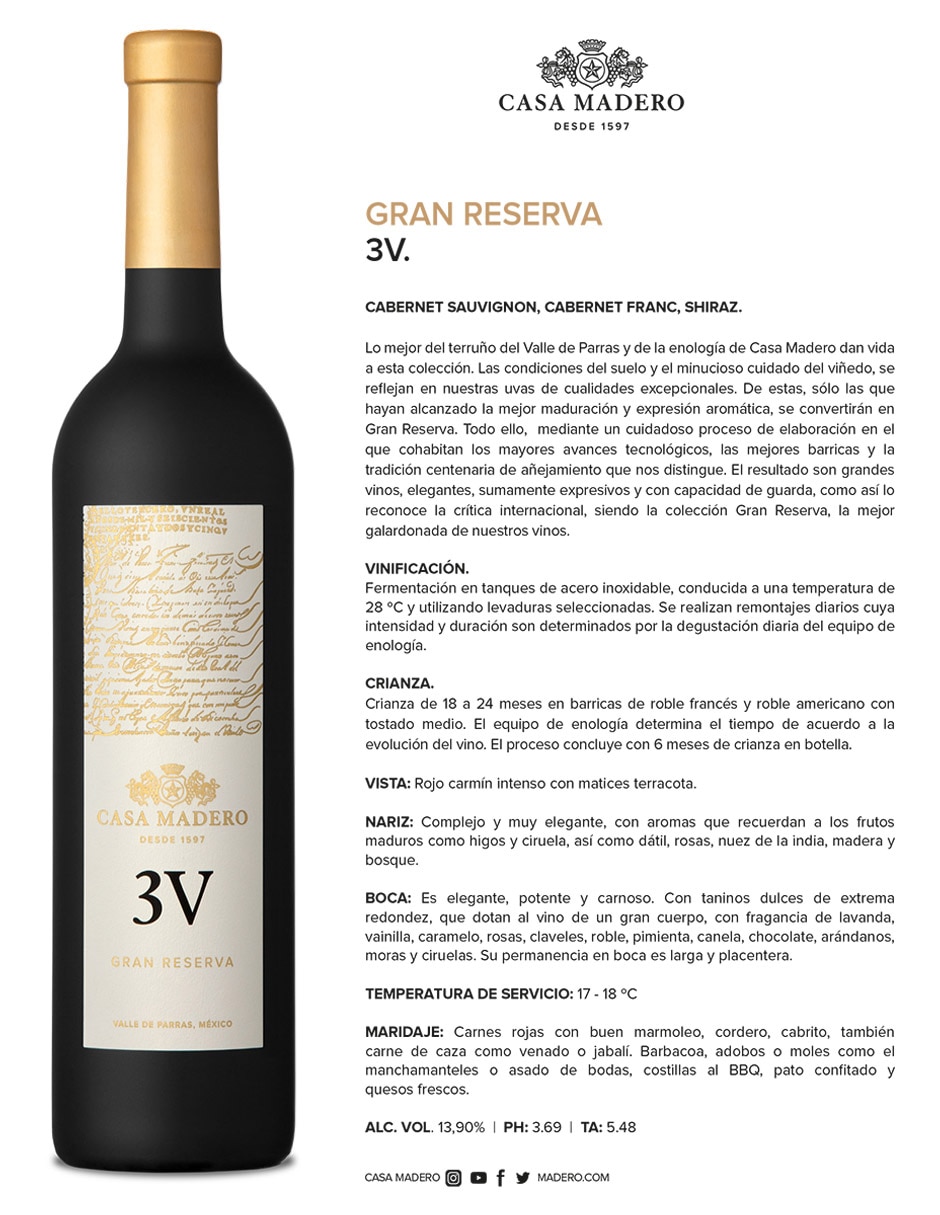 Vino tinto 3V Gran Reserva cabernet sauvignon, merlot, cabernet frances, petit verdot 4