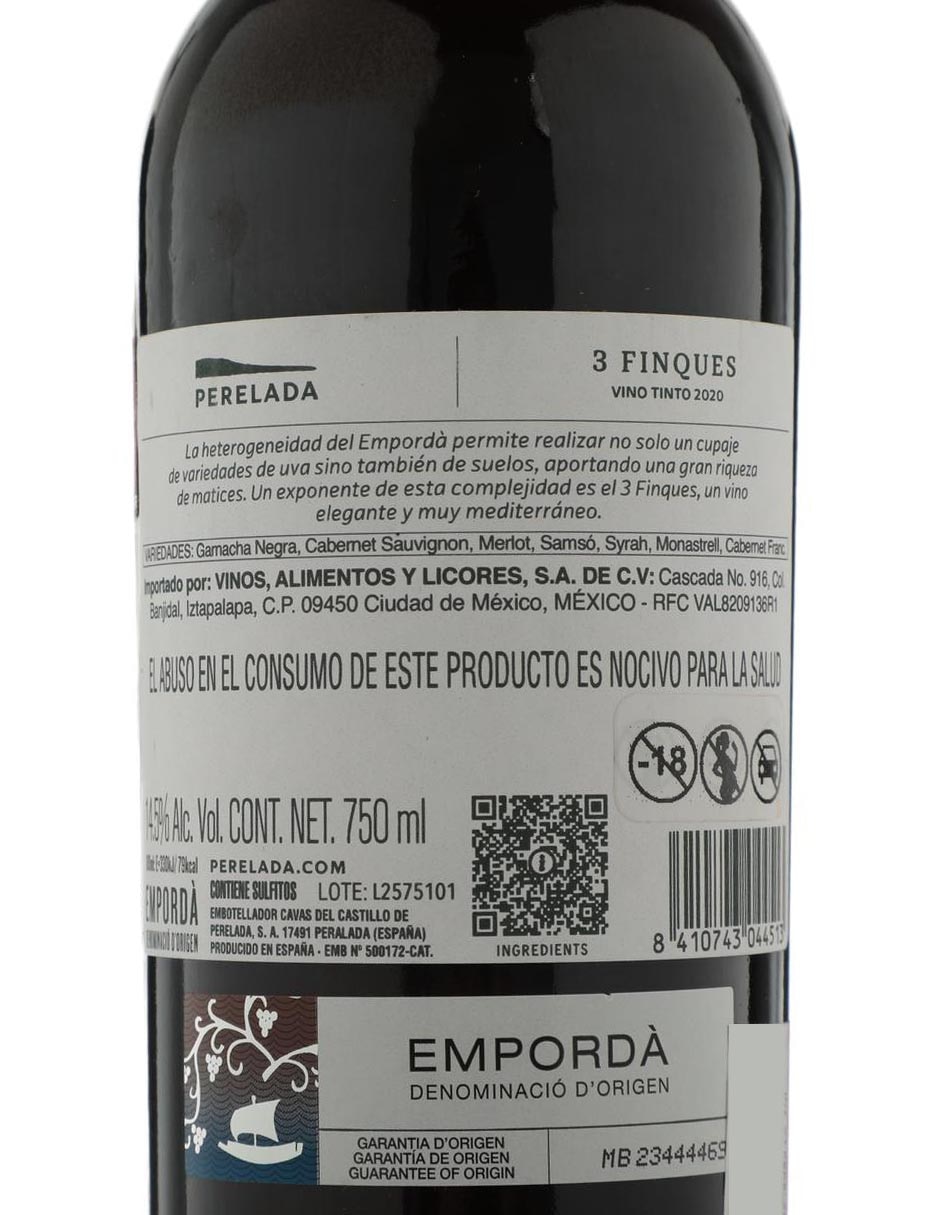 Vino tinto 3 Finques cabernet sauvignon, merlot, cabernet frances 750 ml 3
