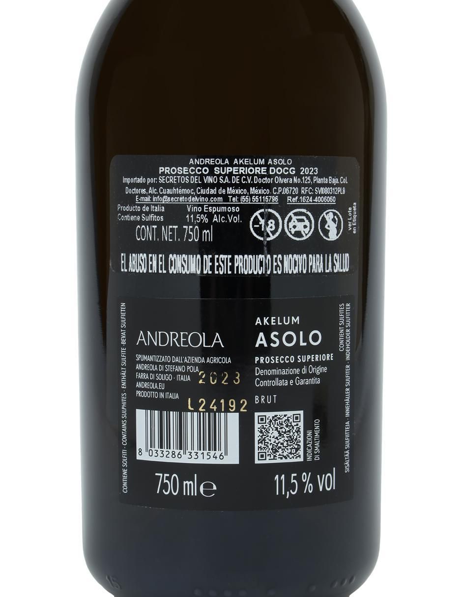 Vino espumoso blanco Glera Akelum Asolo Prosecco Superiore Docg Brut Italia 750 ml