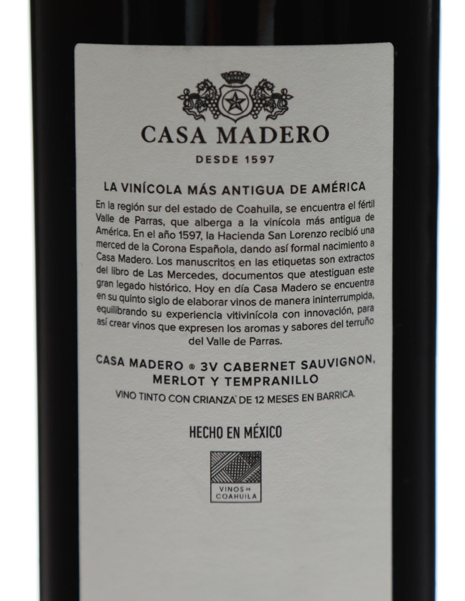 Vino tinto 3V Tempranillo, Merlot y Cabernet 750 ml 6